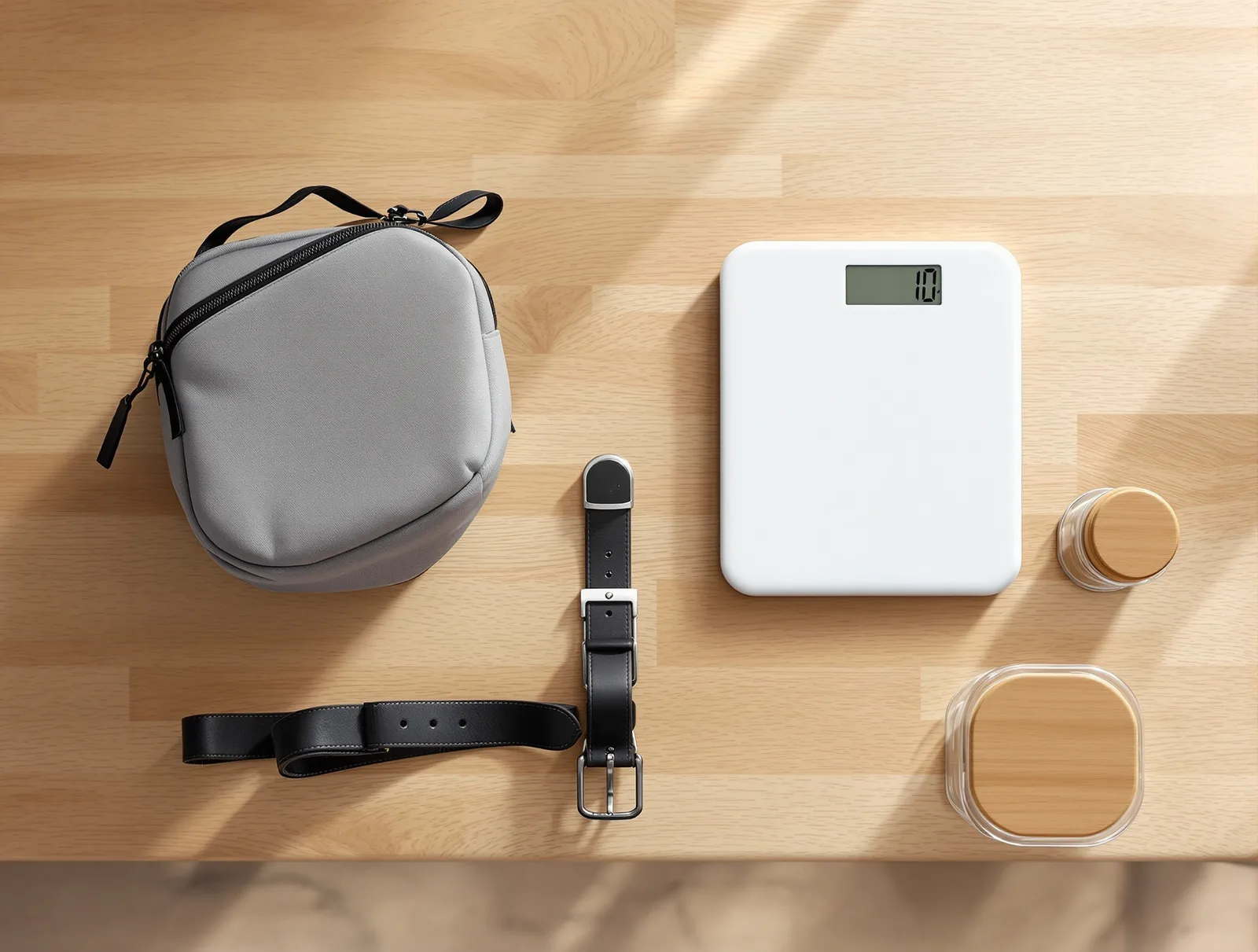 Everyday accessories: an insulated travel case, a ratchet belt, a kitchen scale and small glass meal-prep containers