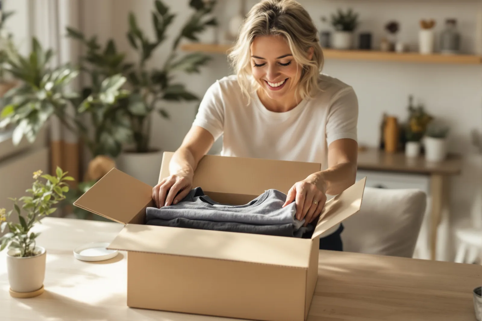 A woman smiling as she opens a box of new everyday basics in her new size
