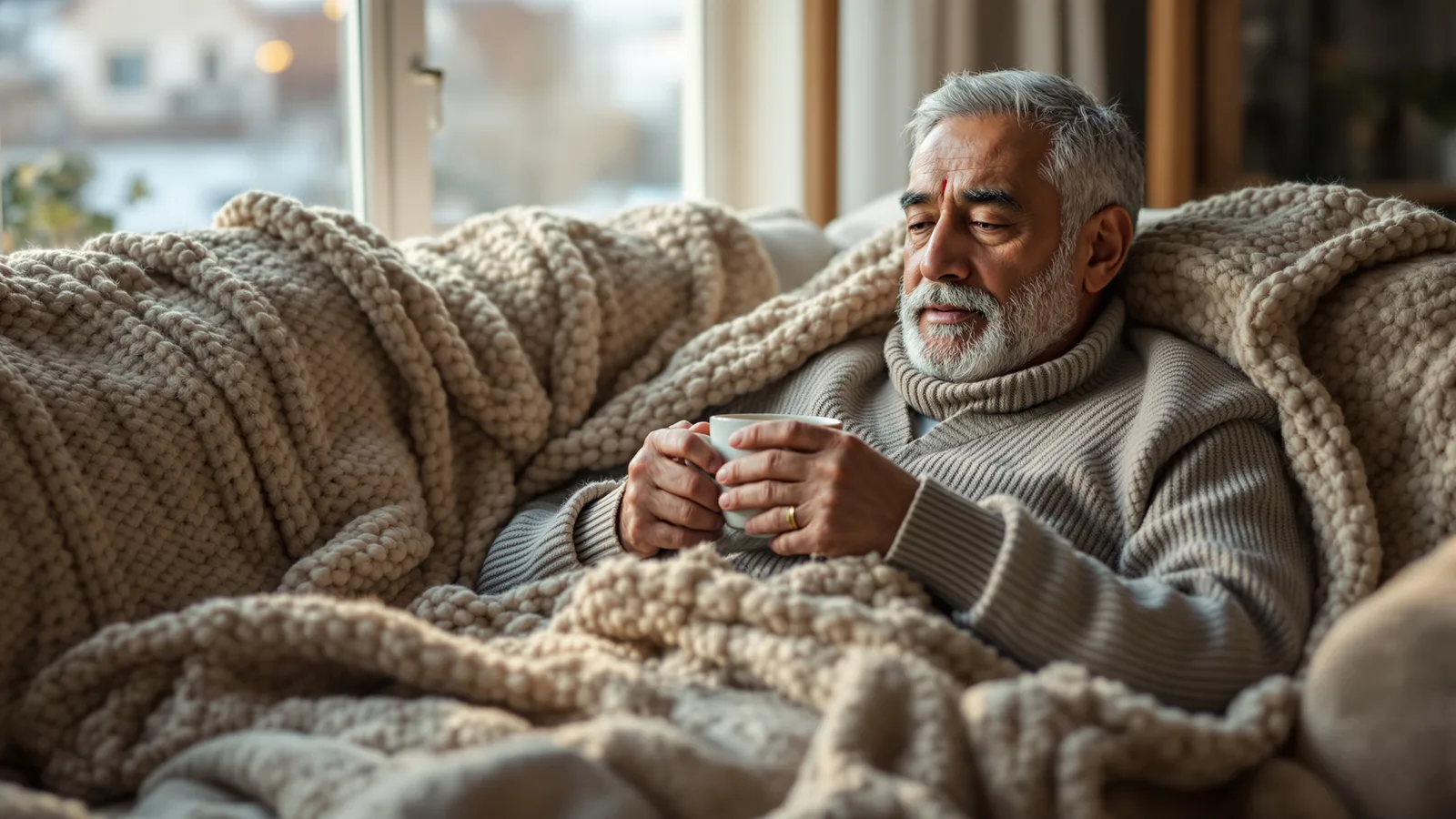 A South Asian man in his early sixties curled up on a sofa under a chunky knit throw, wearing a thick cardigan and wool socks, holding a mug of tea with both ha