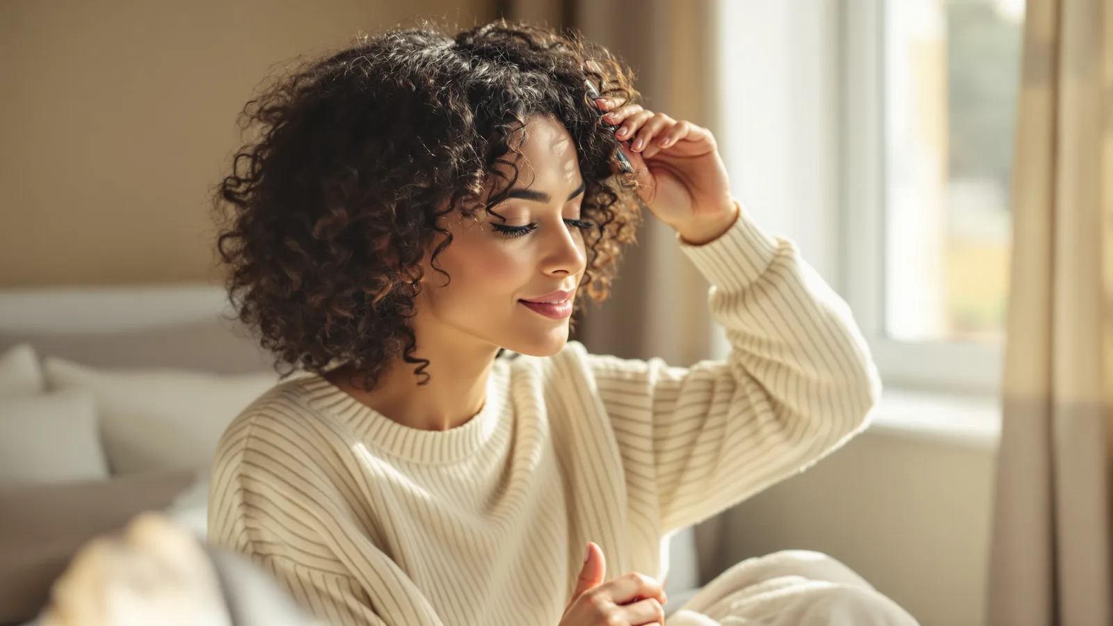 A Black woman in her late thirties gently combing her damp curly hair with a wide-tooth comb in front of a bathroom mirror, a soft towel over her shoulders, cal