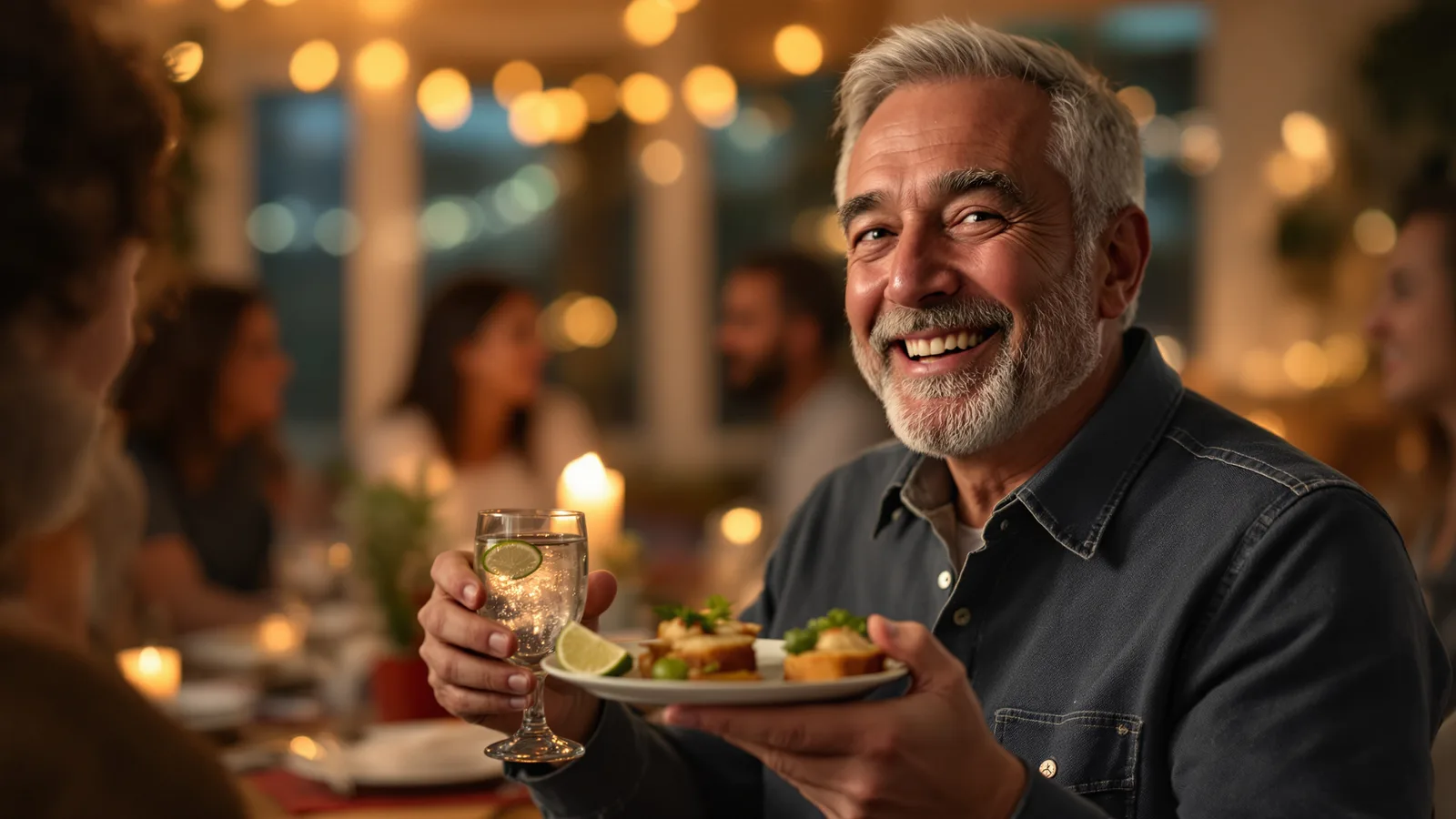 A Black man in his late forties smiling as he holds a small appetizer plate and a glass of sparkling water at a cozy holiday house party, warm string lights and