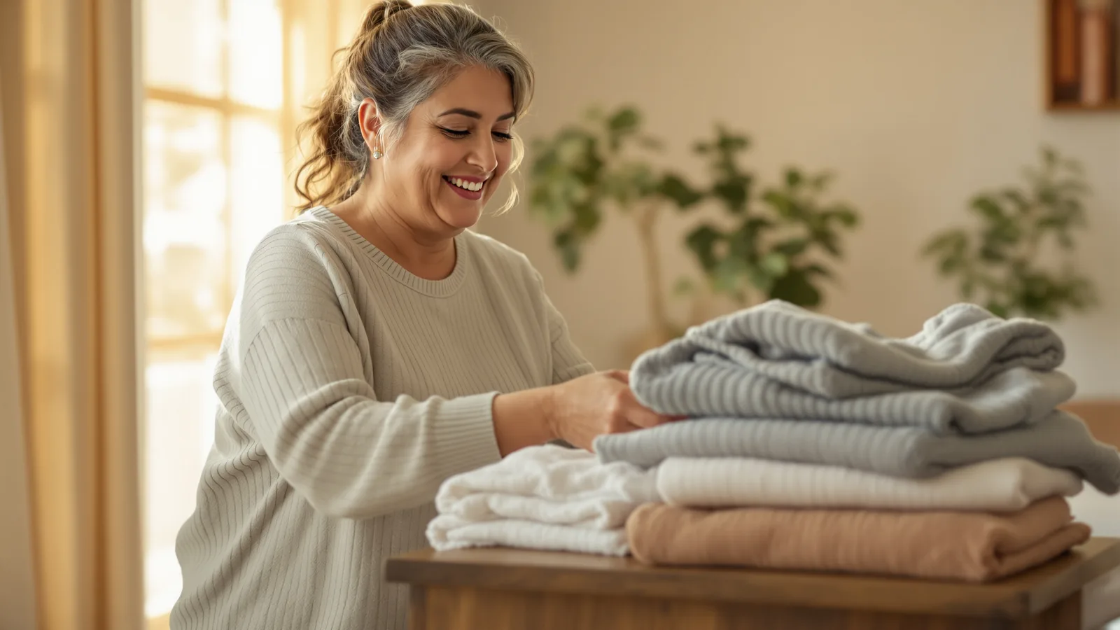 A Latina woman in her early sixties with a soft, curvy figure smiling as she sorts folded knit tops into two neat piles on a wooden dresser, warm morning light,