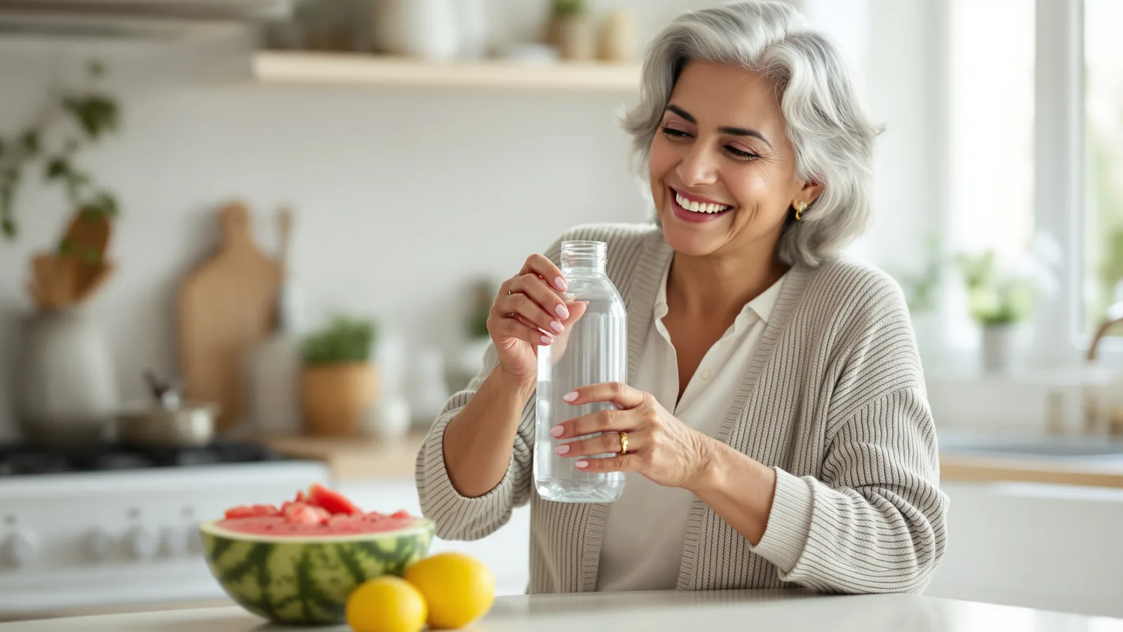 A South Asian woman in her sixties with silver hair smiling as she refills a clear reusable water bottle at a bright kitchen counter, a bowl of sliced watermelo