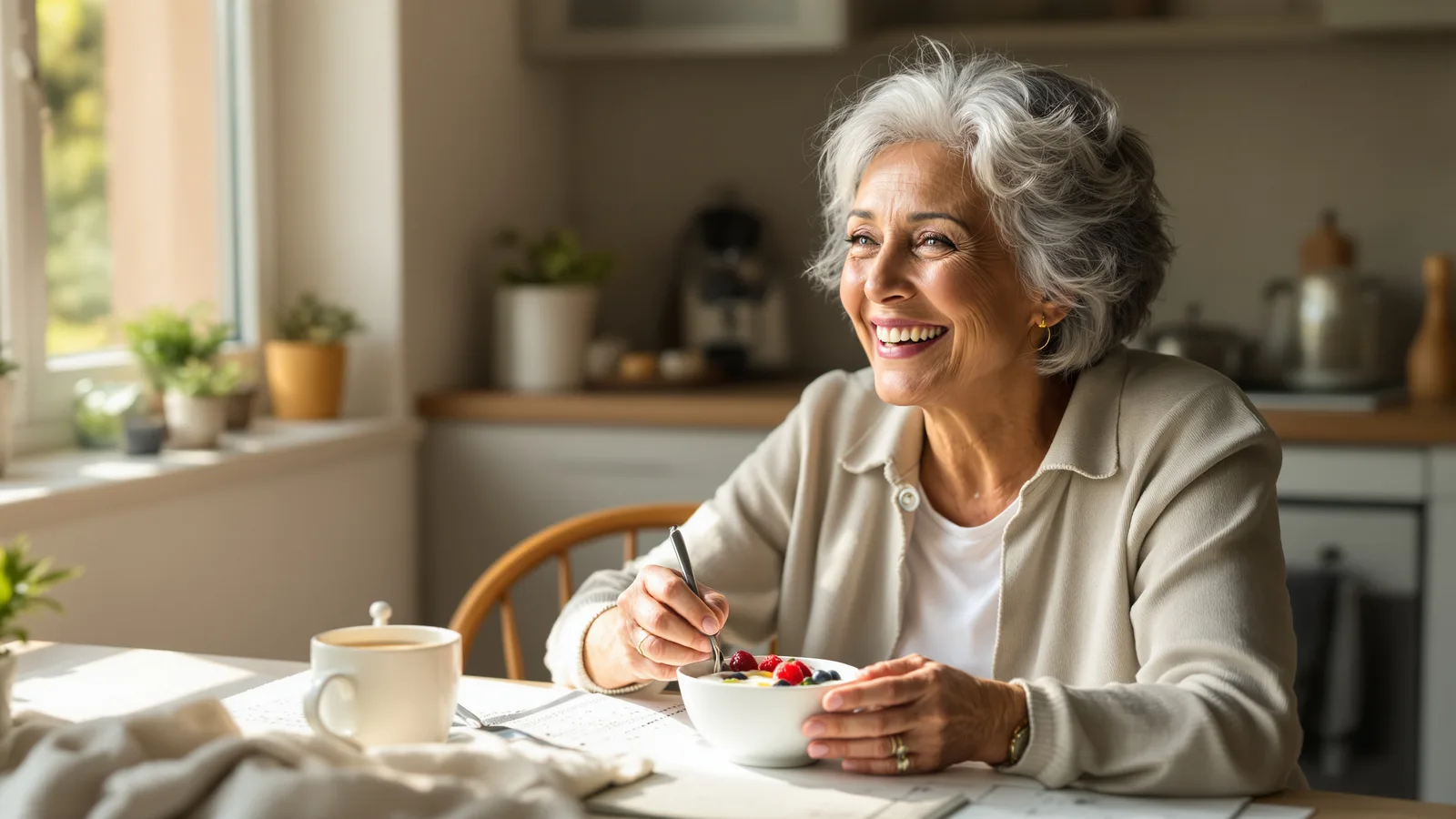 A Latina woman in her early sixties smiling as she eats a small bowl of yogurt with berries at a sunny kitchen table, morning light, a cup of tea beside her