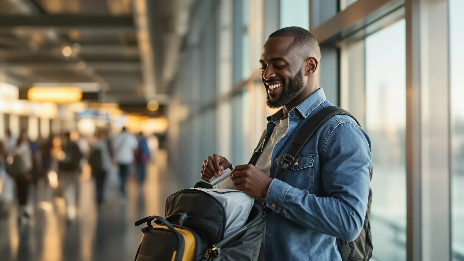 A Black man in his forties with a relaxed smile zipping a small insulated pouch into a carry-on backpack beside a tall airport window, warm late-afternoon light