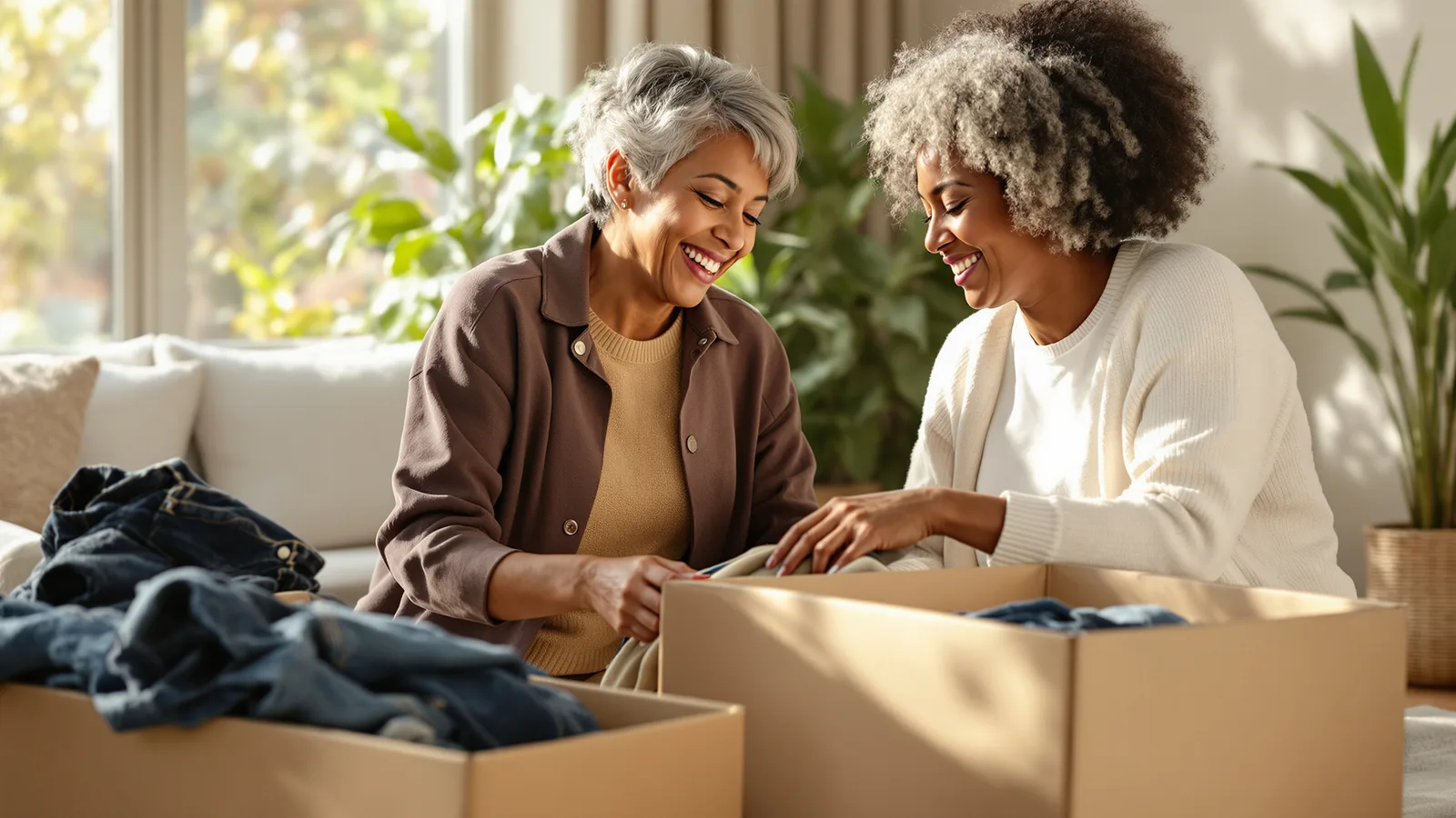 A woman in her sixties with warm brown skin smiling as she folds jeans and sweaters into two plain cardboard boxes on a sunlit living-room floor while a friend 