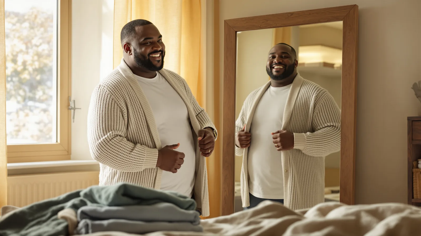 A Black man in his forties with a broad build smiling as he tries on a soft open knit cardigan in front of a bedroom mirror, a few folded T-shirts on the bed be