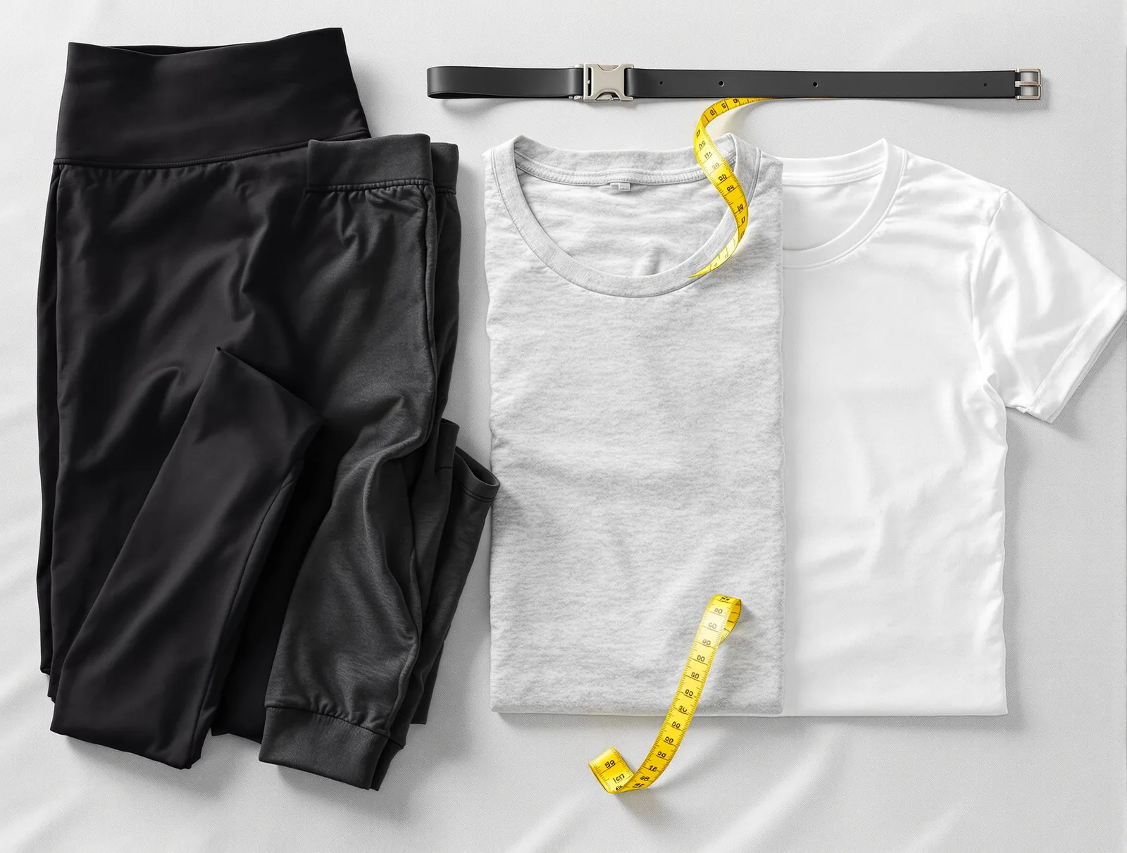 Folded everyday basics — leggings, joggers, t-shirts and an adjustable belt — with a tape measure